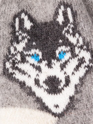 Носки вязаные детские пуховые, собака с голубыми глазами, серый (козий пух)
