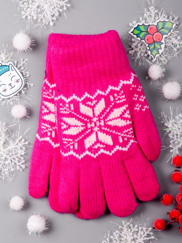Перчатки детские двойной вязки с орнаментом снежинка, малиновый