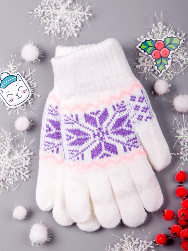 Перчатки детские двойной вязки с орнаментом снежинка, белый