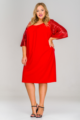 Платье красное с  рукавом из пайеток