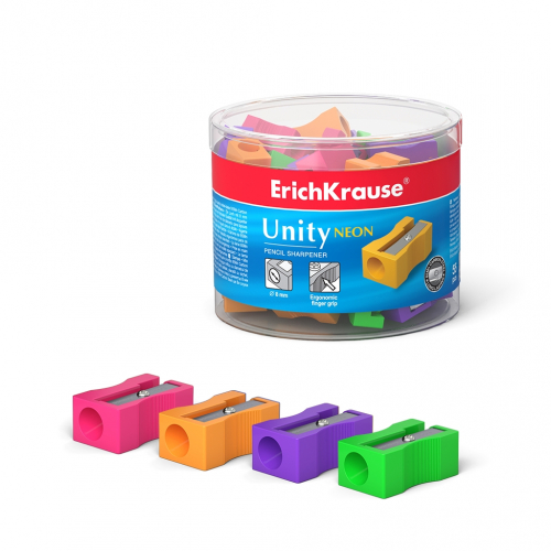 Пластиковая точилка ErichKrause® Unity Neon , цвет корпуса ассорти (в тубусе по 55 шт.)