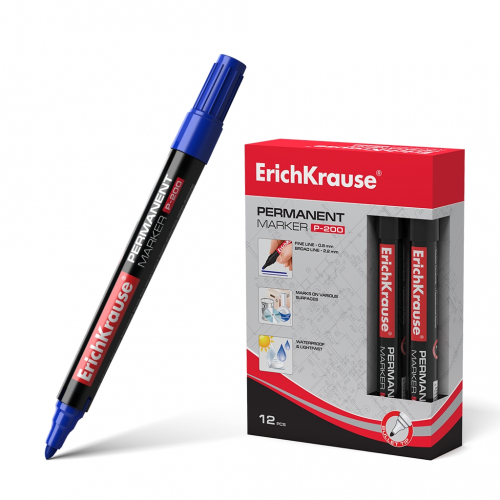 Перманентный маркер ErichKrause®  P-200, цвет чернил синий (в коробке по 12 шт.)