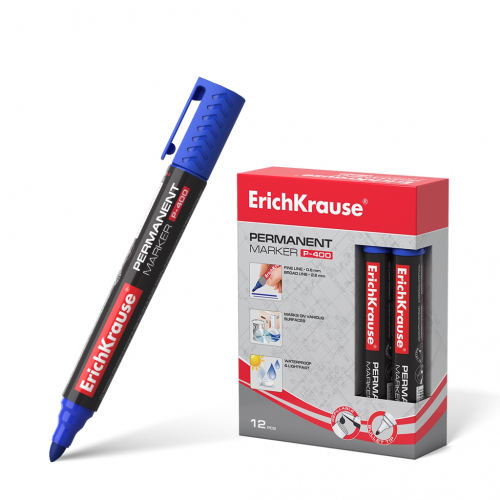 Перманентный маркер ErichKrause®  P-400, цвет чернил синий (в коробке по 12 шт.)