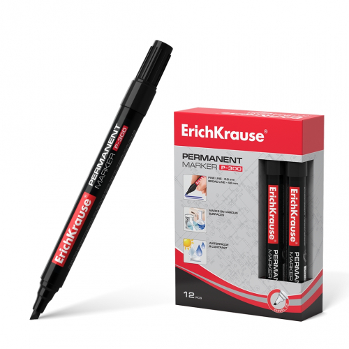 Перманентный маркер ErichKrause®  P-300, цвет чернил черный (в коробке по 12 шт.)