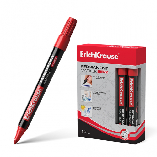 Перманентный маркер ErichKrause®  P-200, цвет чернил красный (в коробке по 12 шт.)