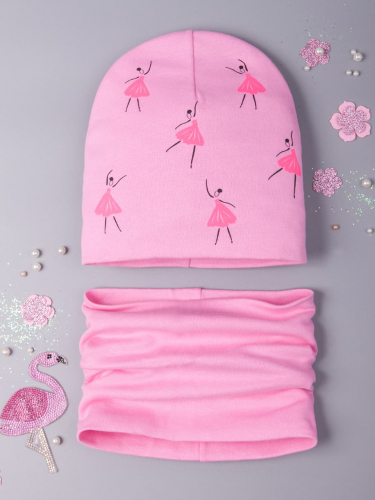 Шапка трикотажная для девочки формы лопата, балерины в ярких платьях + снуд, розовый