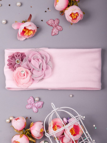 Повязка трикотажная для девочки с тремя цветками, светло-розовый