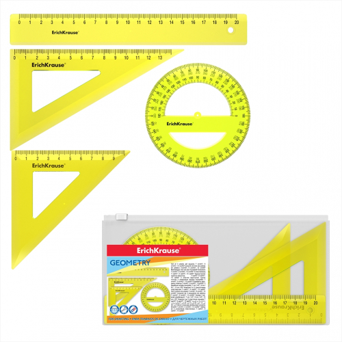 Набор геометрический средний ErichKrause® Neon (линейка 20см, угольник 13см, угольник 9cм, транспортир), желтый, в zip пакете