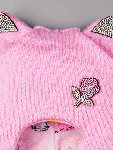Шапка-шлем для девочки с ушками, цветок из страз, розовый