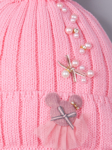 Шапка вязаная для девочки с двумя бубонами на завязках, лапша, бусинки, мишка в юбке+снуд, розовый