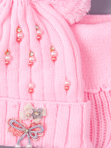 Шапка вязаная для девочки с двумя бубонами на завязках, лапша, бусинки, бантик + снуд, розовый