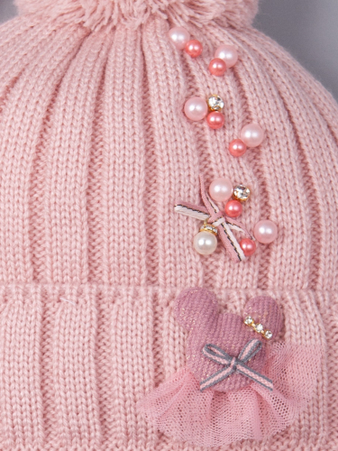 Шапка вязаная для девочки с двумя бубонами на завязках, лапша, мишка в юбке+снуд, тускло-розовый