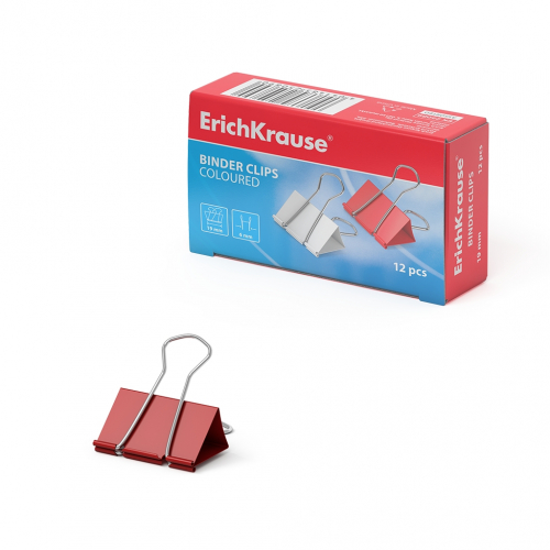 Зажимы для бумаг ErichKrause®, 19мм цветной (коробка 12 шт.)