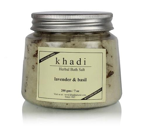 соль для ванны Кхали натурал лаванда и базилик с алое вера, солью мертвого моря и листьями базилика 200 гр