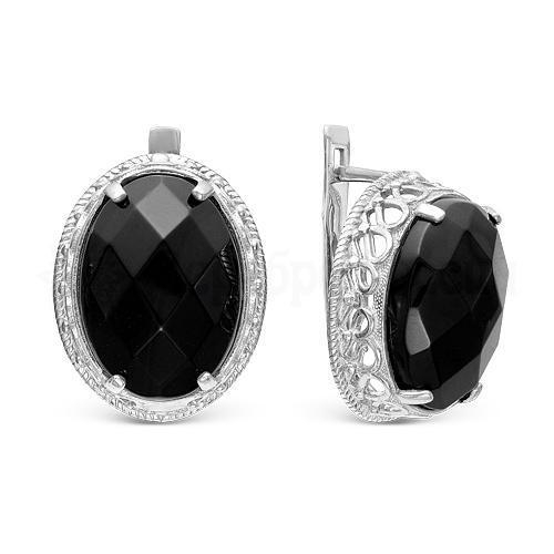 Серьги из серебра с чёрным агатом родированные 925 пробы С-3074р