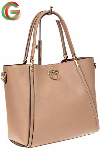 Кожаная стильная сумка шоппер с замком-кольцом, цвет розовый