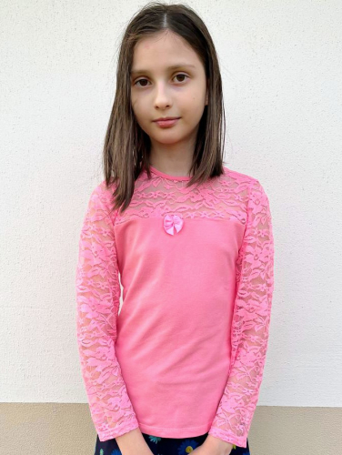 Розовый джемпер(блузка) с гипюром для девочки 77522-ДНШ20