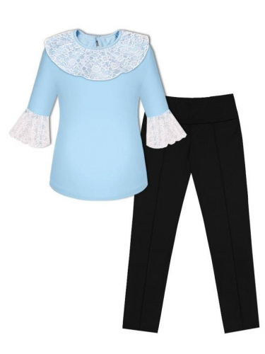 Школьная форма для девочки с голубым джемпером и черными брюками со стрелками