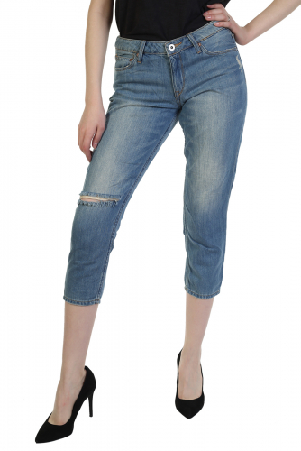 Женские джинсы капри Girlfriend Fit – высокая талия, рваный акцент на бедре №135