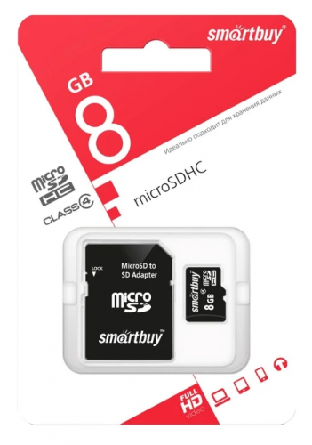 Карта памяти SmartBuy 8 GB (micro SDHC, class4) с SD-адаптером