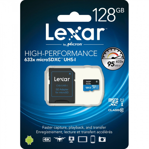 Карта памяти Lexar 128GB (micro SDHC, class10, 633x up to 95mb/s, UHS-I), с SD-адаптером