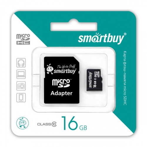 Карта памяти SmartBuy 16 GB (micro SDHC, class10) с SD-адаптером