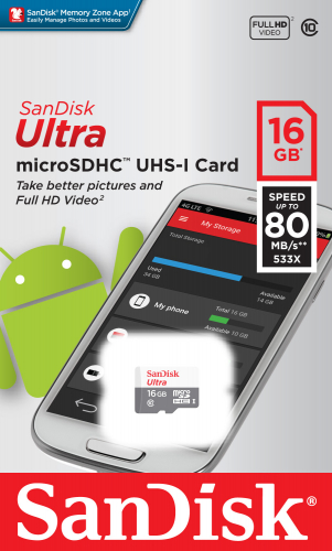 Карта памяти SanDisk Ultra Android 80 Mb/s 16 GB (micro SDHC, class10) без адаптера