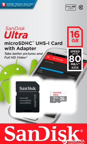 Карта памяти SanDisk Ultra Android 80 Mb/s 16 GB (micro SDHC, class10) с SD-адаптером