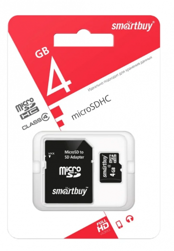 Карта памяти SmartBuy 4 GB (micro SDHC,class4) с SD-адаптером