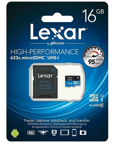 Карта памяти Lexar 16GB (micro SDHC, class10, 633x UHS-I), с SD-адаптером