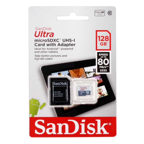 Карта памяти SanDisk Ultra Android 80 Mb/s 128 GB (micro SDXC, class10) с SD-адаптером