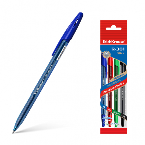 Ручка шариковая ErichKrause® R-301 Original Stick 0.7, цвет чернил синий, черный, красный, зеленый (в пакете по 4 шт.)