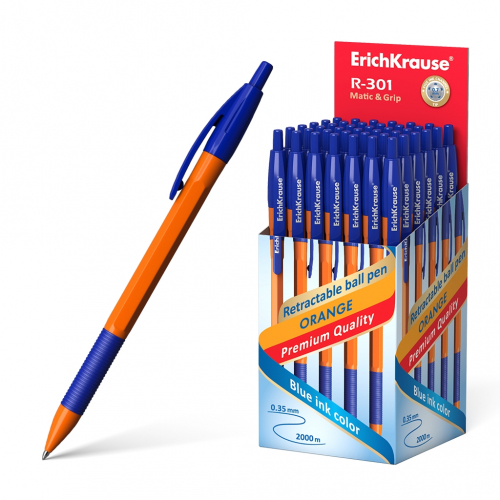 Ручка шариковая автоматическая ErichKrause® R-301 Orange Matic&Grip 0.7, цвет чернил синий (в коробке по 50 шт.)