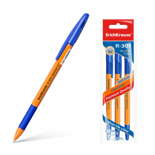 42р. 59р.Ручка шариковая ErichKrause® R-301 Orange Stick&Grip 0.7, цвет чернил синий (в пакете по 3 шт.)