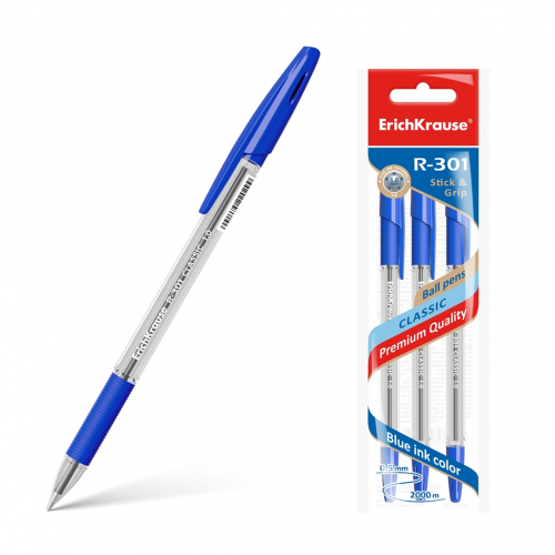 48р. 57р.Ручка шариковая ErichKrause® R-301 Classic Stick&Grip 1.0, цвет чернил синий (в пакете по 3 шт.)