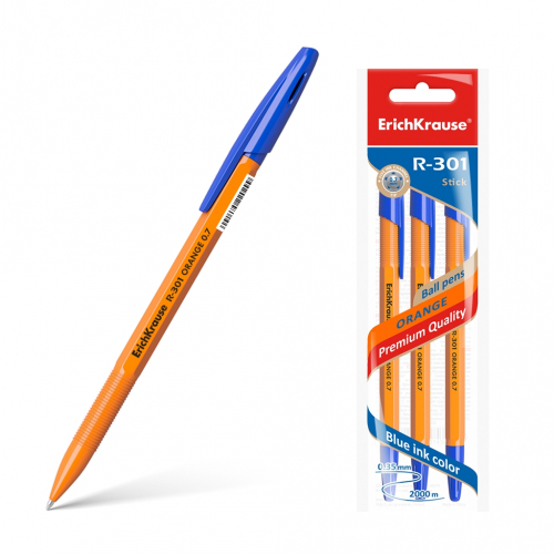 *37р. 47р.Ручка шариковая ErichKrause® R-301 Orange Stick 0.7, цвет чернил синий (в пакете по 3 шт.)