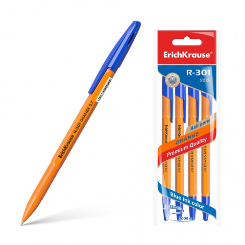 Ручка шариковая ErichKrause® R-301 Orange Stick 0.7, цвет чернил синий (в пакете по 4 шт.)