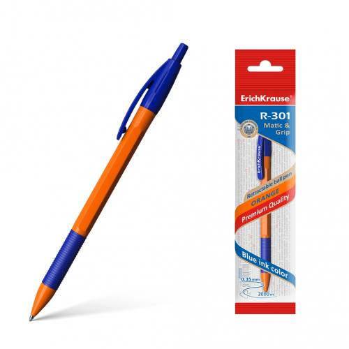 *19р. 50р.Ручка шариковая автоматическая ErichKrause® R-301 Orange Matic&Grip 0.7, цвет чернил синий (в пакете по 1 шт.)
