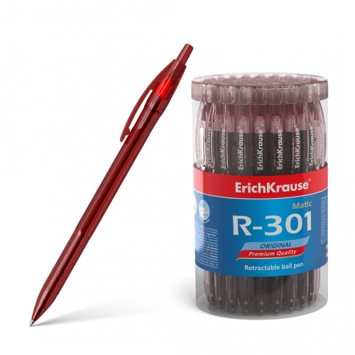 Ручка шариковая автоматическая ErichKrause® R-301 Original Matic 0.7, цвет чернил красный (в тубусе по 60 шт.)