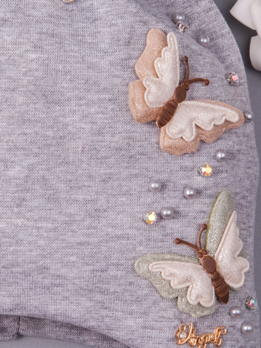 Шапка трикотажная для девочки с ушками на завязках, две блестящие бабочки, бусинки, серый