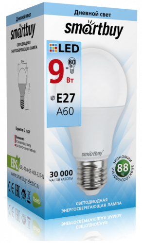 Светодиодная (LED) Лампа Smartbuy-A60-09W/4000/E27 (9W/холодный/E27)