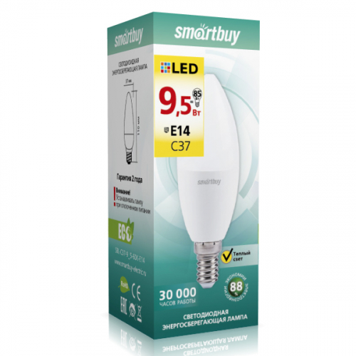 Светодиодная (LED) Лампа Smartbuy-С37-9,5W/3000/E27 (9,5W/теплый/E27)