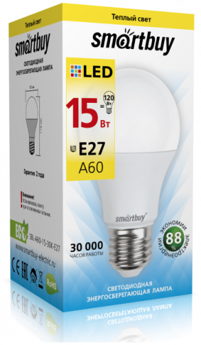 Светодиодная (LED) Лампа Smartbuy-A60-15W/3000/E27 (15W/теплый/E27)