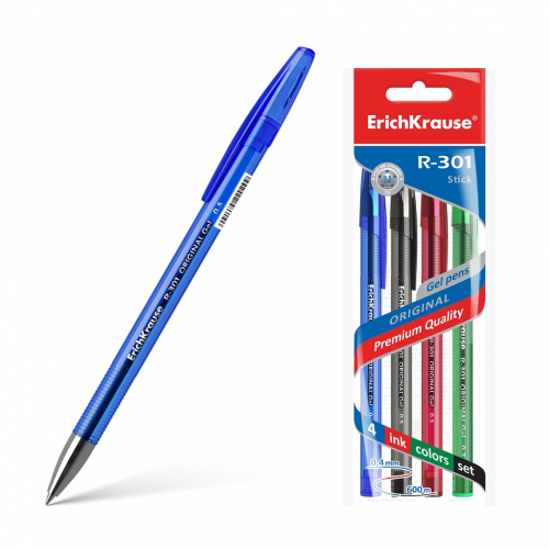Ручка гелевая ErichKrause® R-301 Original Gel 0.5, цвет чернил: синий, черный, красный, зеленый (в пакете по 4 шт.)