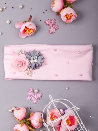 Повязка трикотажная для девочки с двумя цветками и жемчугом, светло-розовый