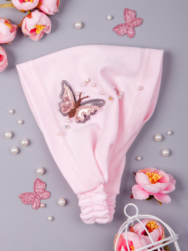 Косынка трикотажная для девочки на резинке, бусинки, блестящая бабочка, светло-розовый