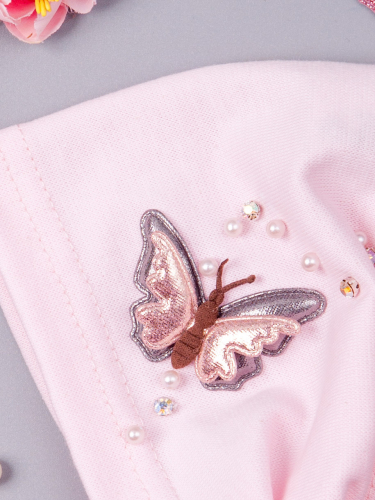 Косынка трикотажная для девочки на резинке, бусинки, блестящая бабочка, светло-розовый