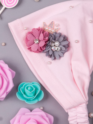 Косынка трикотажная для девочки на резинке, два цветочка и корона, светло-розовый