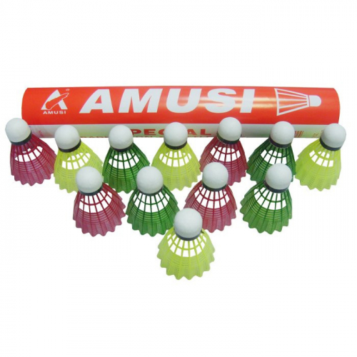 AMS-268(6000) Воланы (12шт)цветные (одна туба 1 цвет) в ассорт.нейлоновые с пробковой головкой, проф