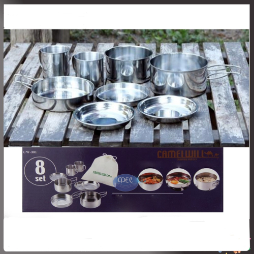 Набор посуды SOLA 8 в1 (тарелка - 3 шт, кружка - 2 шт, котелкок - 3 шт), в чехле, нерж. сталь (301)